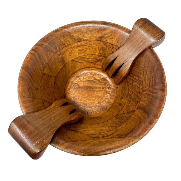 Vintage Burl Walnut 6 4 Salad Bowl With Hanging Utensils MCM Billings Missouri - Picture 1 of 12